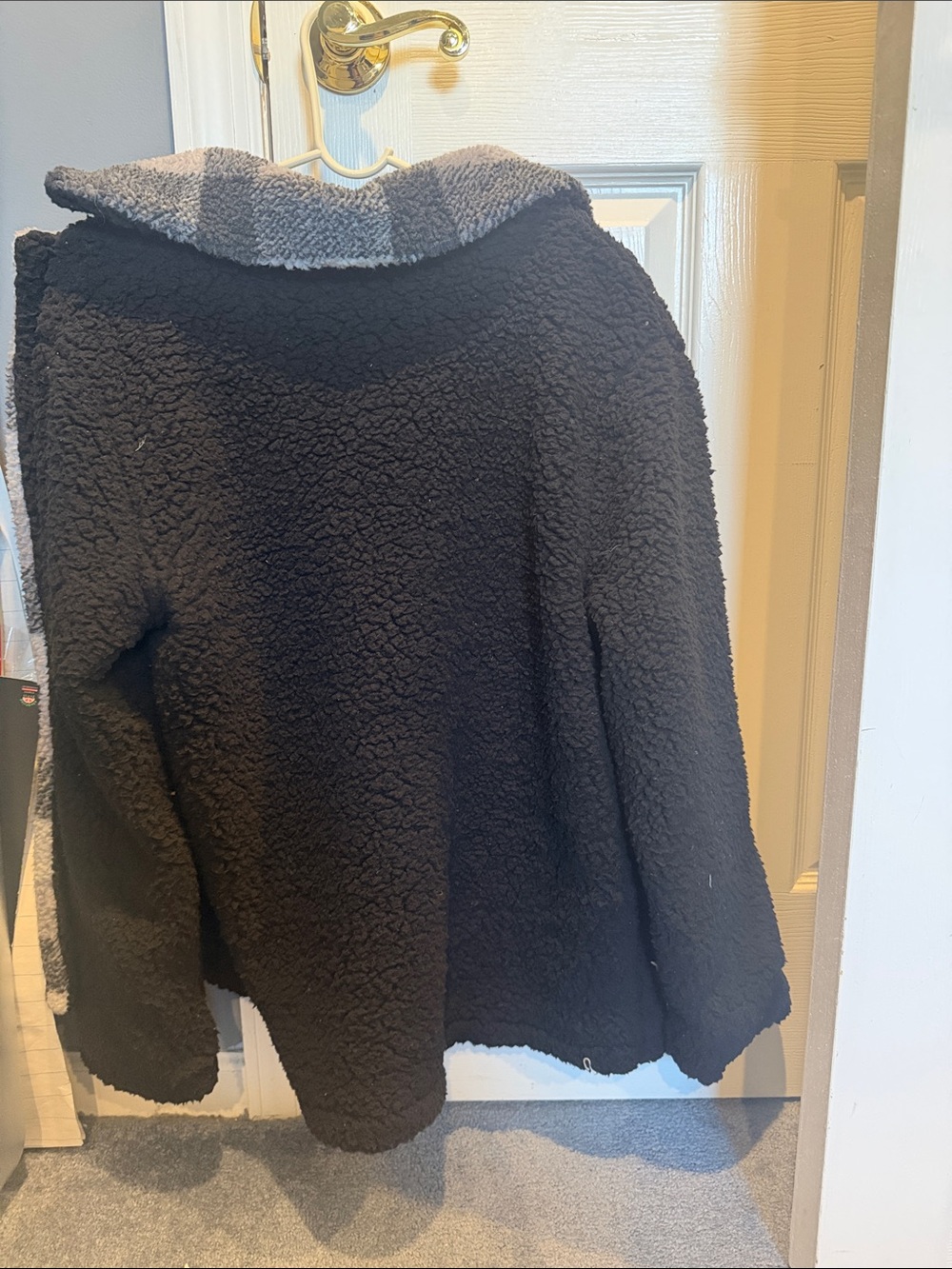 Black Sherpa Double-Breasted Jacket with Plaid Trim - Picture 2 of 2